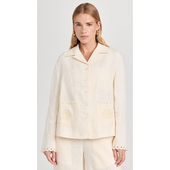 Sleeper Sophia Linen Embroidered Blouse in Cream Size Large - Picture 1 of 10